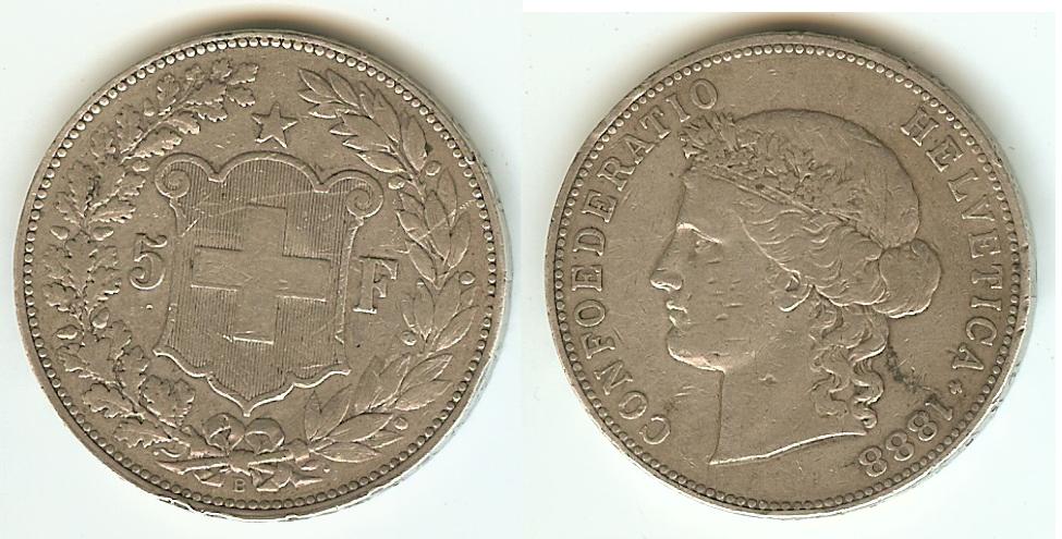 Swiss 5 Francs 1888 gVF